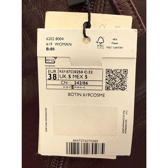 MANGO MNG CHOCOLATE COSME SQUARED SQUARE TOE LEATHER ANKLE BOOTS BOOTIE 38 7.5 - Picture 10 of 12